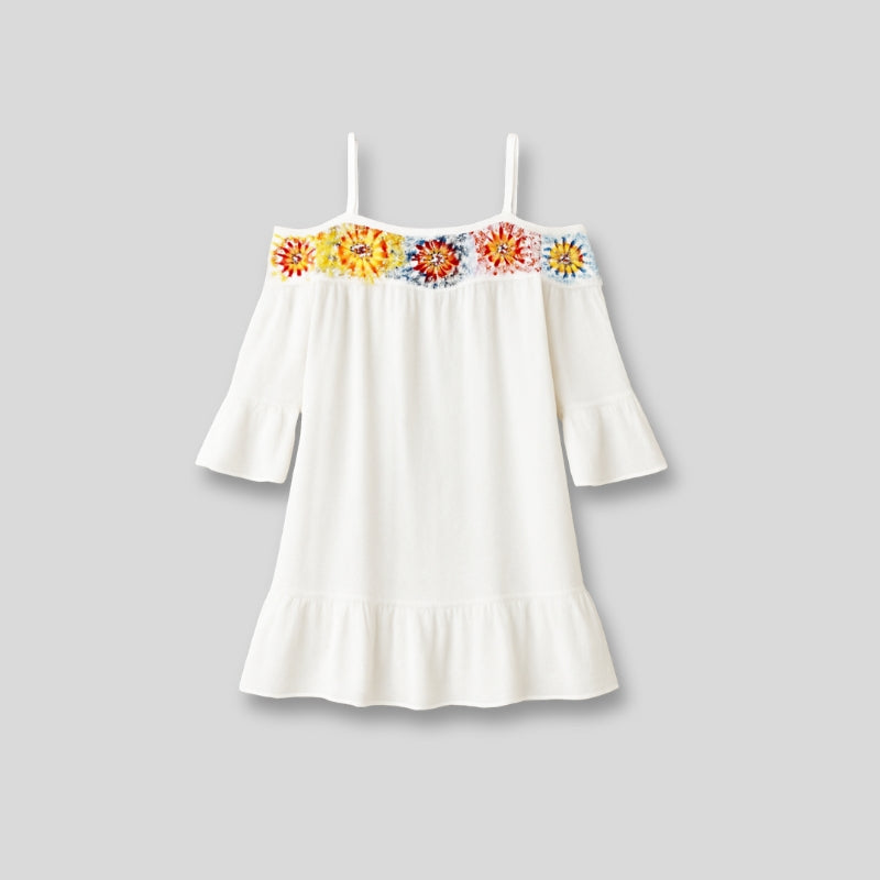 Beige off-shoulder mini dress for women, offering a comfortable loose fit, ideal as a summer dress