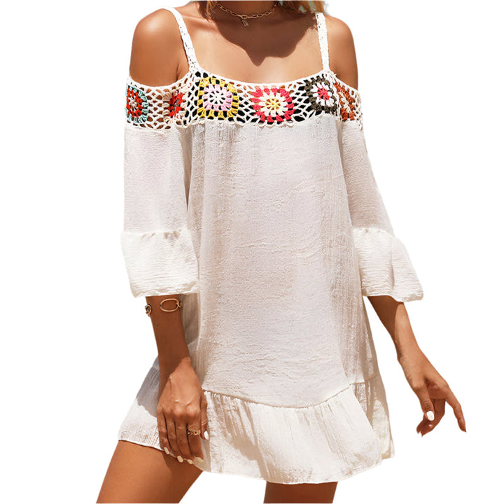 Casual women's mini dress, Livia collection, featuring a strapless design and loose fit in a stylish beige