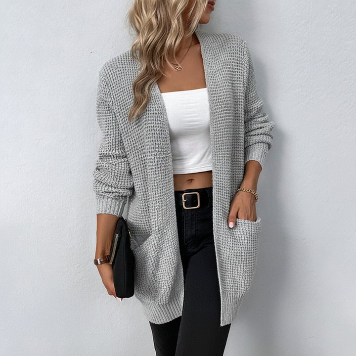 Women's knitted jacket Susanne, long, with pockets, stylish and warm for autumn.