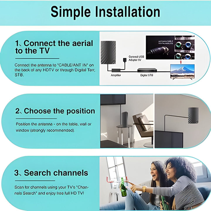 Easy-install 4K digital HDTV antenna with 600-mile range. Get free local channels, ideal for indoor/outdoor.