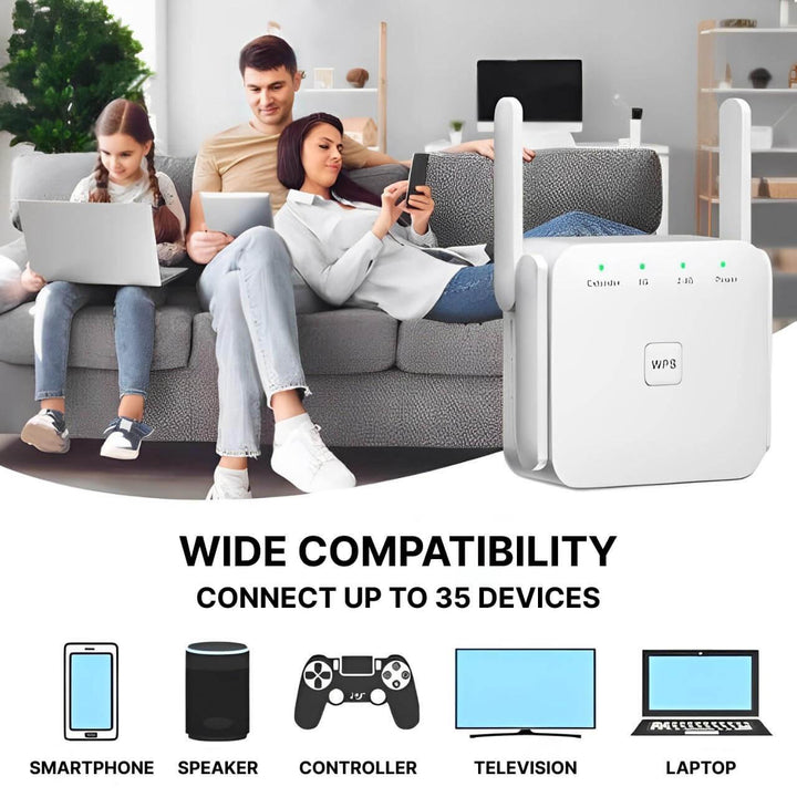Ultra long-range WiFi repeater, extending wireless signal to large homes. Dead zone killer.