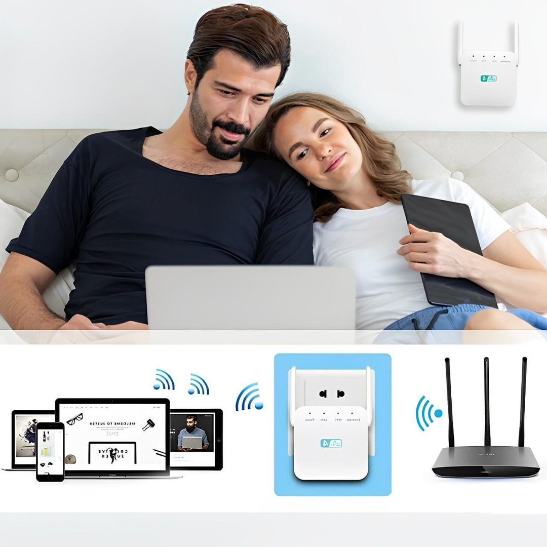 WiFi extender amplifies wireless signal, eliminating dead zones in your home network.