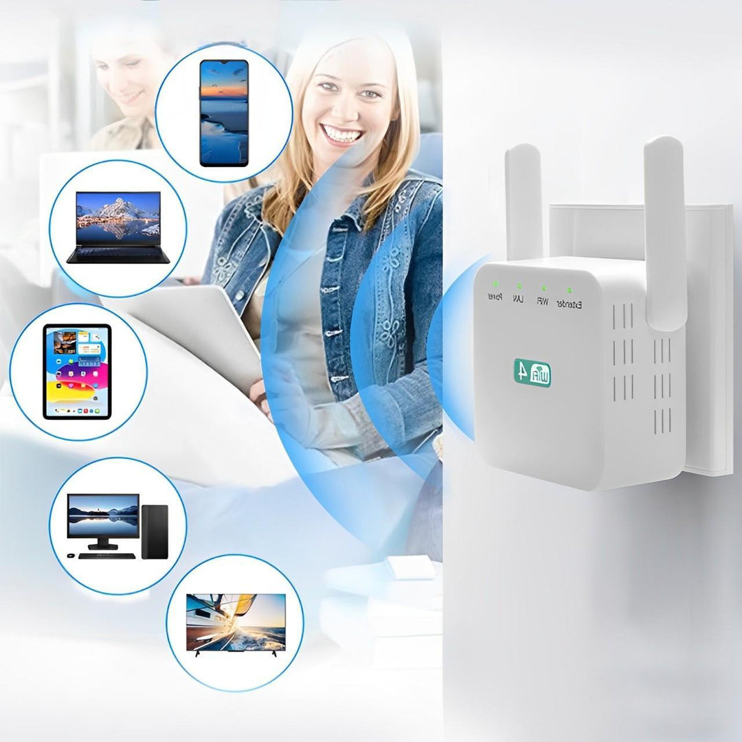 Fast WiFi repeater boosts internet speed for smooth streaming & browsing. Internet booster.