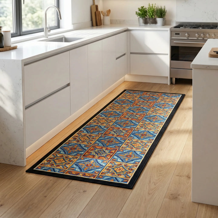 Long runner kitchen rug with non-slip tile pattern, perfect for kitchen floor decor.