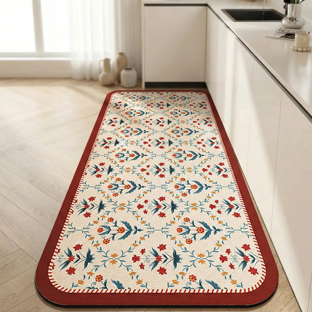Decorative non-slip runner rug, long kitchen mat with attractive tile pattern.