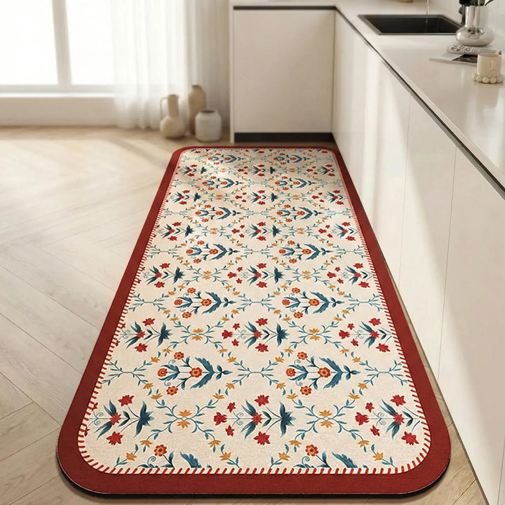 Decorative non-slip runner rug, long kitchen mat with attractive tile pattern.