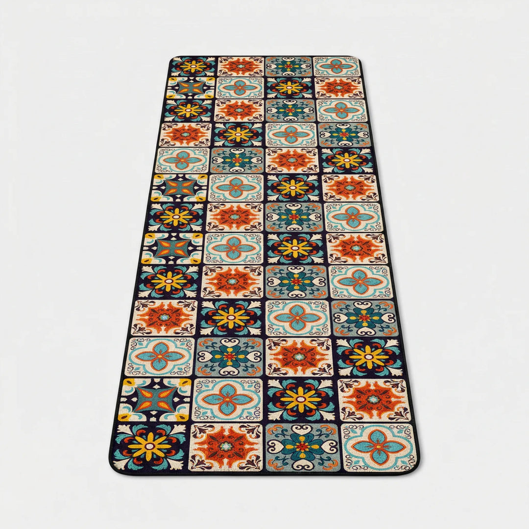 Tile pattern runner kitchen rug, non-slip and cushioned for comfortable standing.