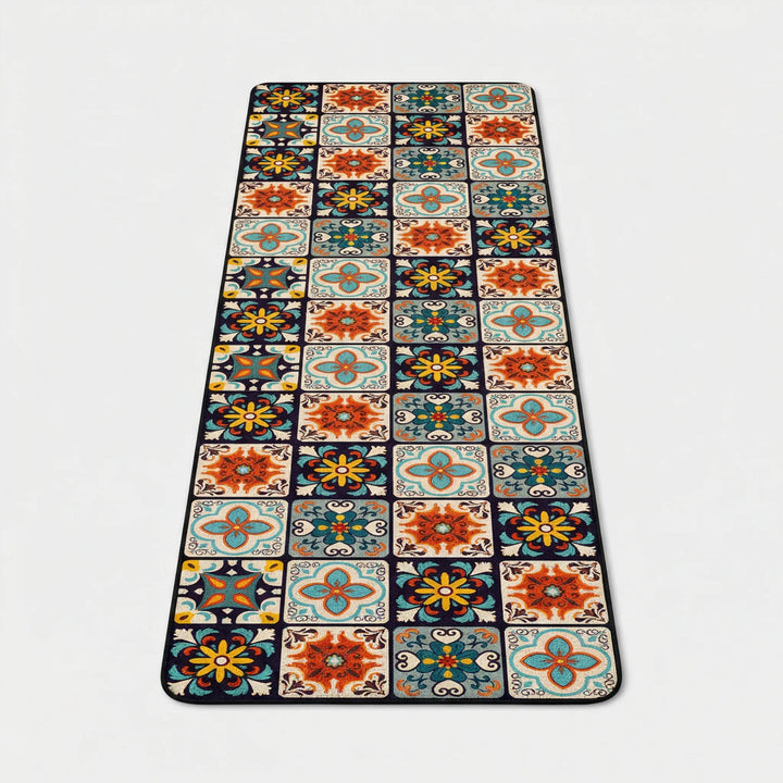 Tile pattern runner kitchen rug, non-slip and cushioned for comfortable standing.