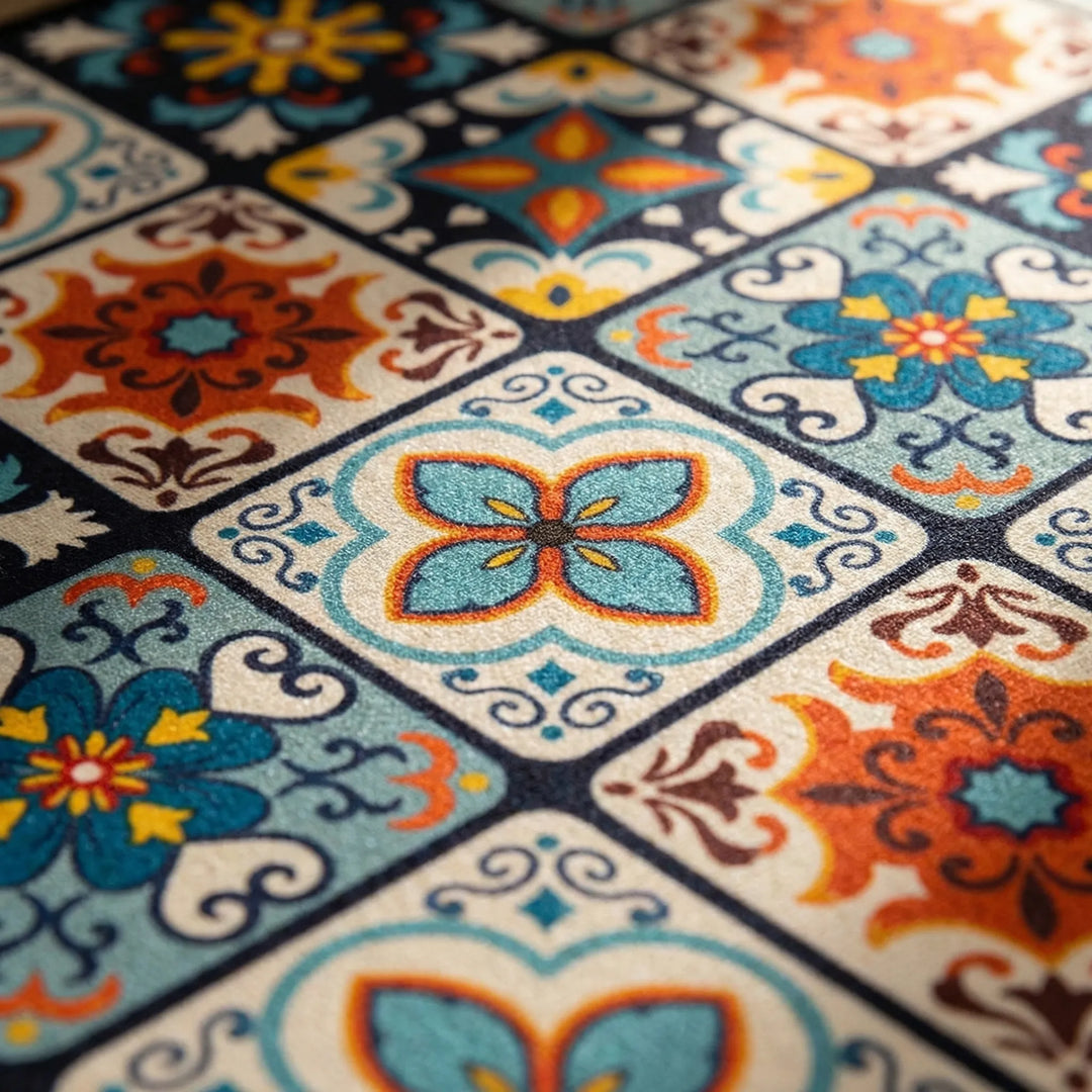 Decorative long kitchen rug with easy-clean, non-slip tile design. Great for home decor.