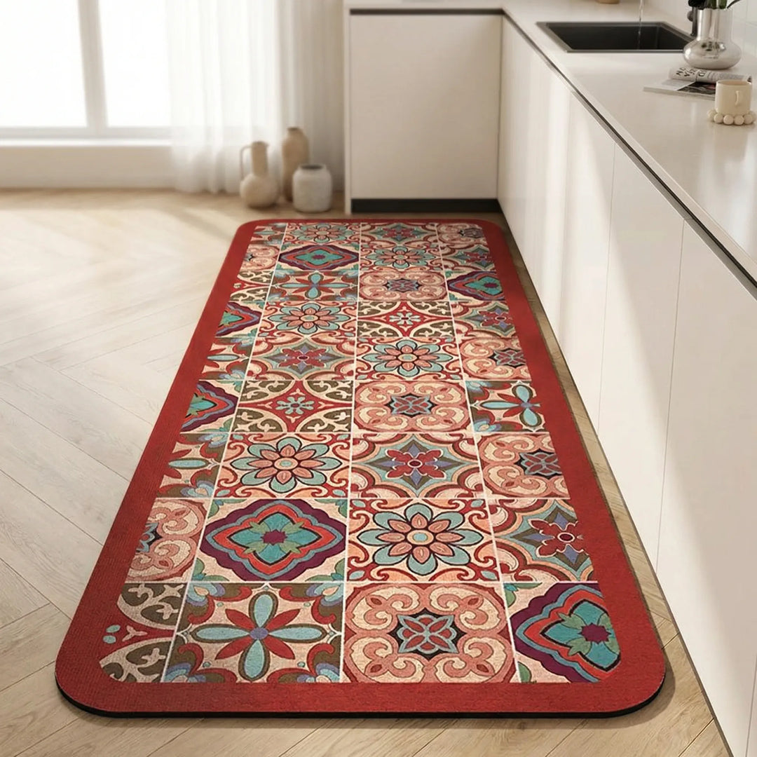 Non-slip kitchen floor mat, long runner style with stylish tile pattern.