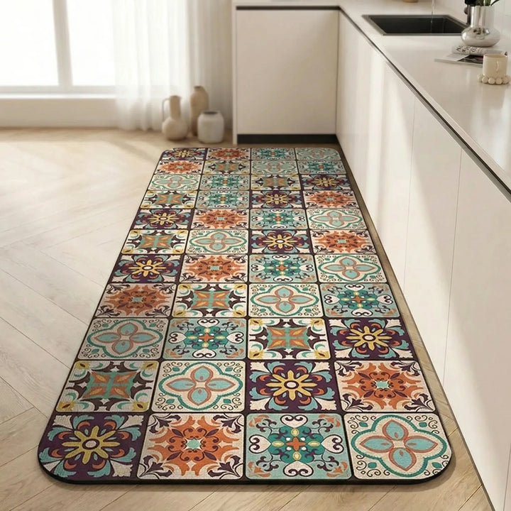 Cushioned runner kitchen rug, non-slip and easy to clean, featuring a modern tile pattern.