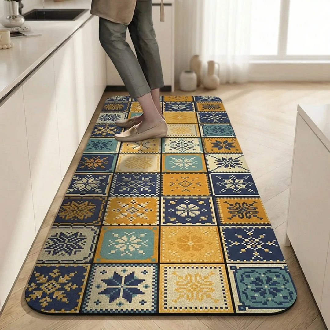 Long kitchen runner rug with a durable, non-slip tile pattern, enhancing any kitchen floor.