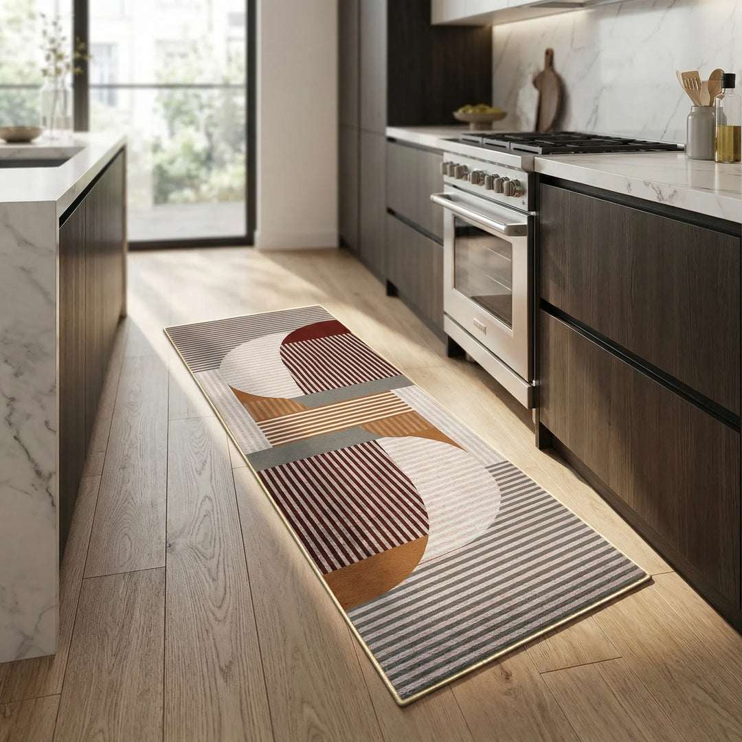 Stylish tile pattern kitchen rug, long runner design, non-slip for safety.