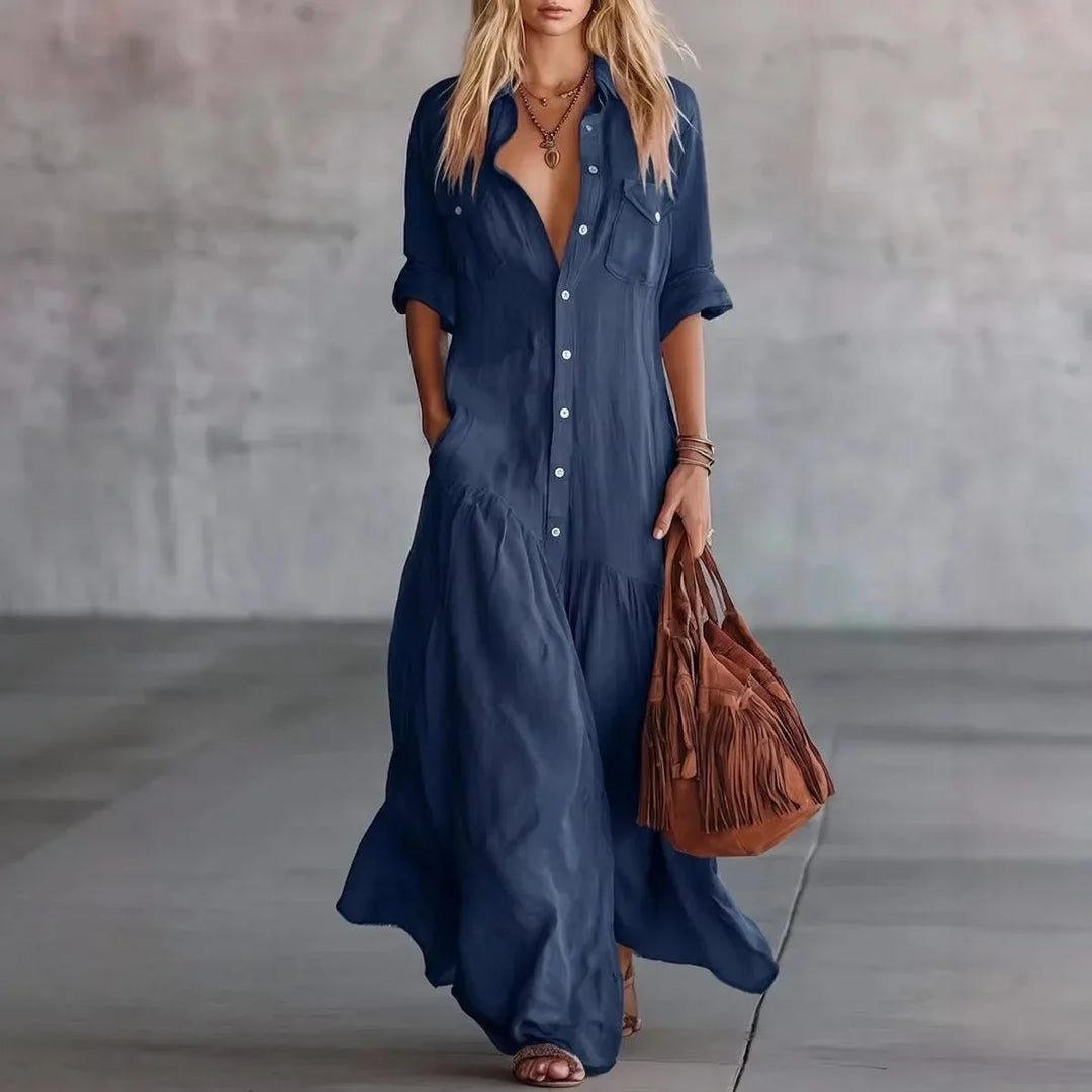 Loose tiered button-down maxi dress for women, perfect for summer comfort & casual everyday wear.