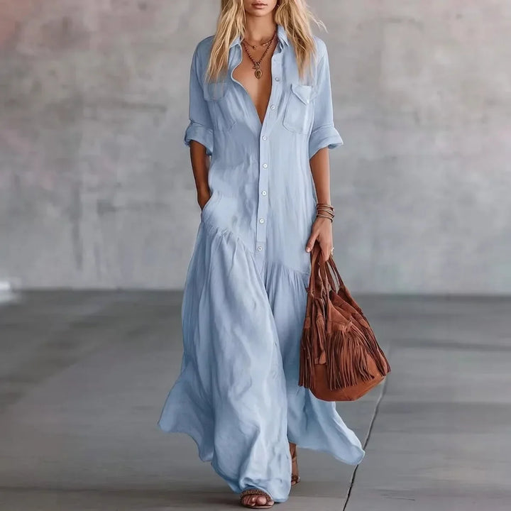 Flowy tiered maxi dress with button-down front for women. Ideal casual summer dress & comfortable travel outfit.