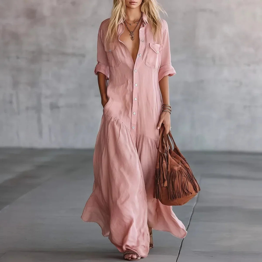 Comfortable women's long tiered button-down dress. Loose-fit maxi style, great for warm weather & relaxed days.