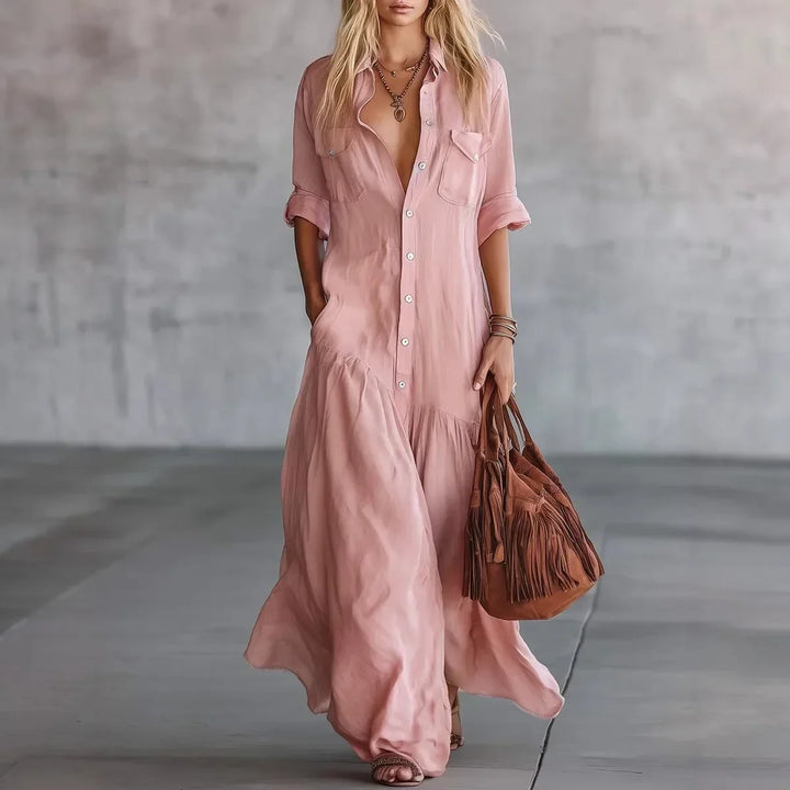 Comfortable women's long tiered button-down dress. Loose-fit maxi style, great for warm weather & relaxed days.