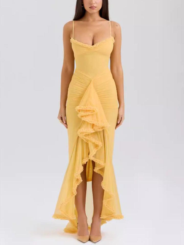 Loose-fitting women's maxi dress with pretty ruffles and spaghetti straps