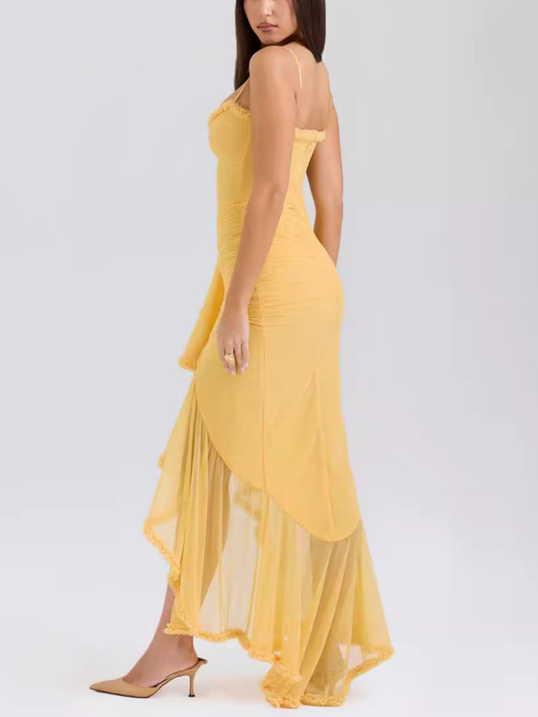 Casual women's maxi dress with ruffles and delicate spaghetti straps