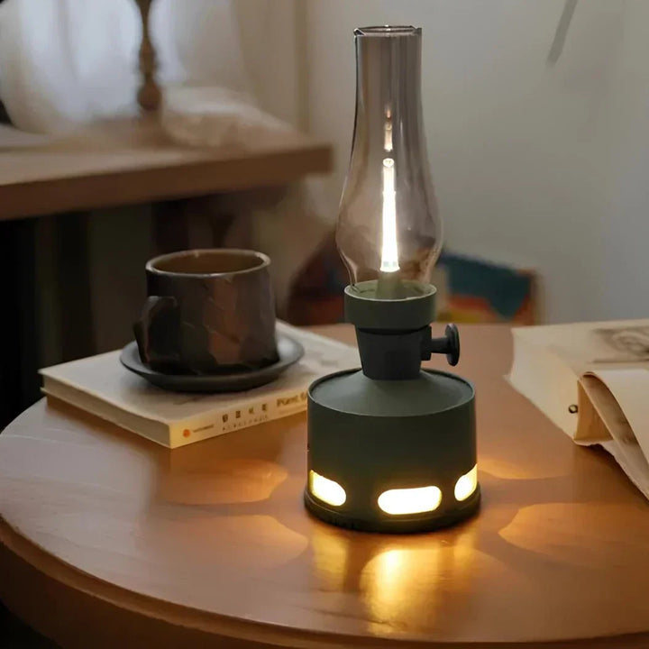 Side profile of the LumaLantern vintage LED lantern, highlighting its compact and timeless design