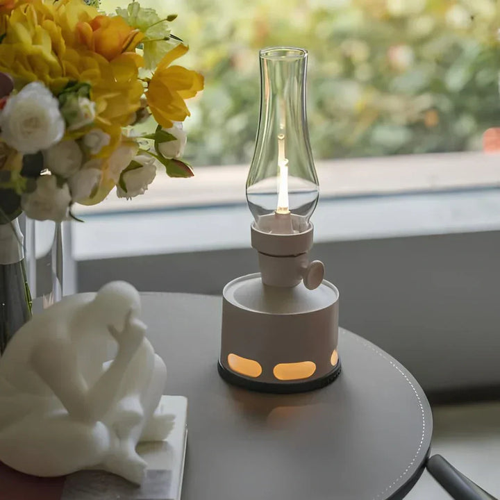 LumaLantern vintage LED lantern being recharged via USB, a convenient and eco-friendly lighting solution