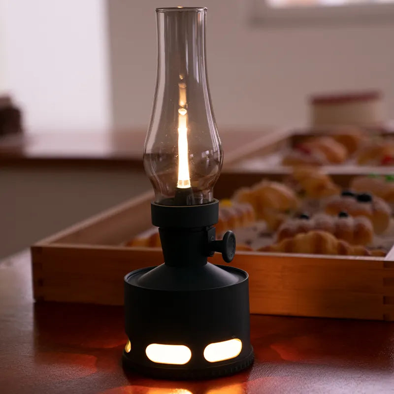 Close-up of the LED filament inside the LumaLantern vintage lantern, mimicking traditional bulb glow