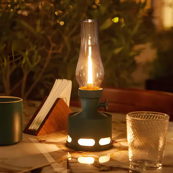 LumaLantern vintage LED lantern used as a centerpiece, enhancing any dining experience with soft light