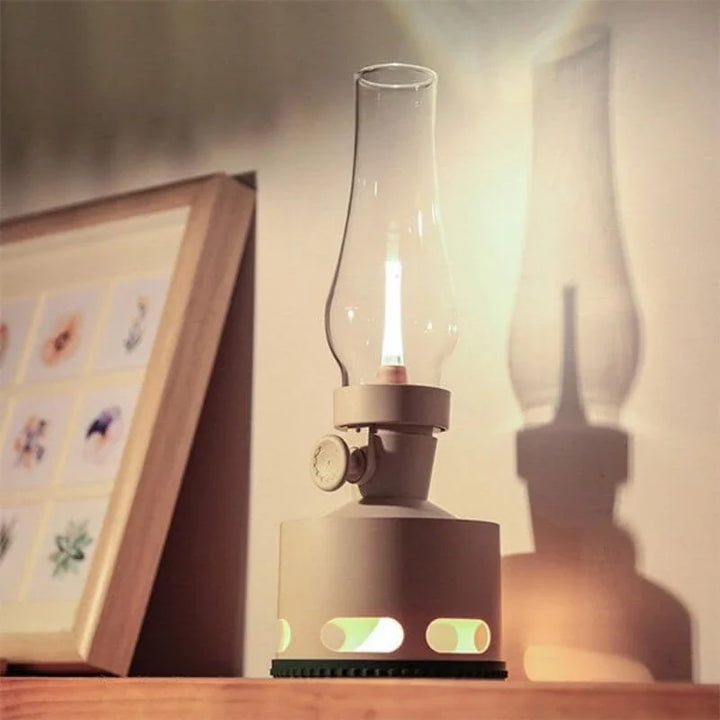 LumaLantern vintage LED lantern in a bedroom, offering a comforting and warm night light or reading lamp