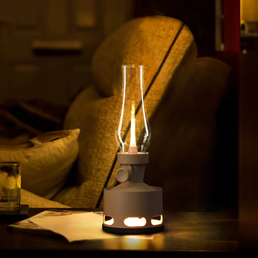 LumaLantern vintage LED lantern positioned on a bookshelf, blending seamlessly with classic home decor