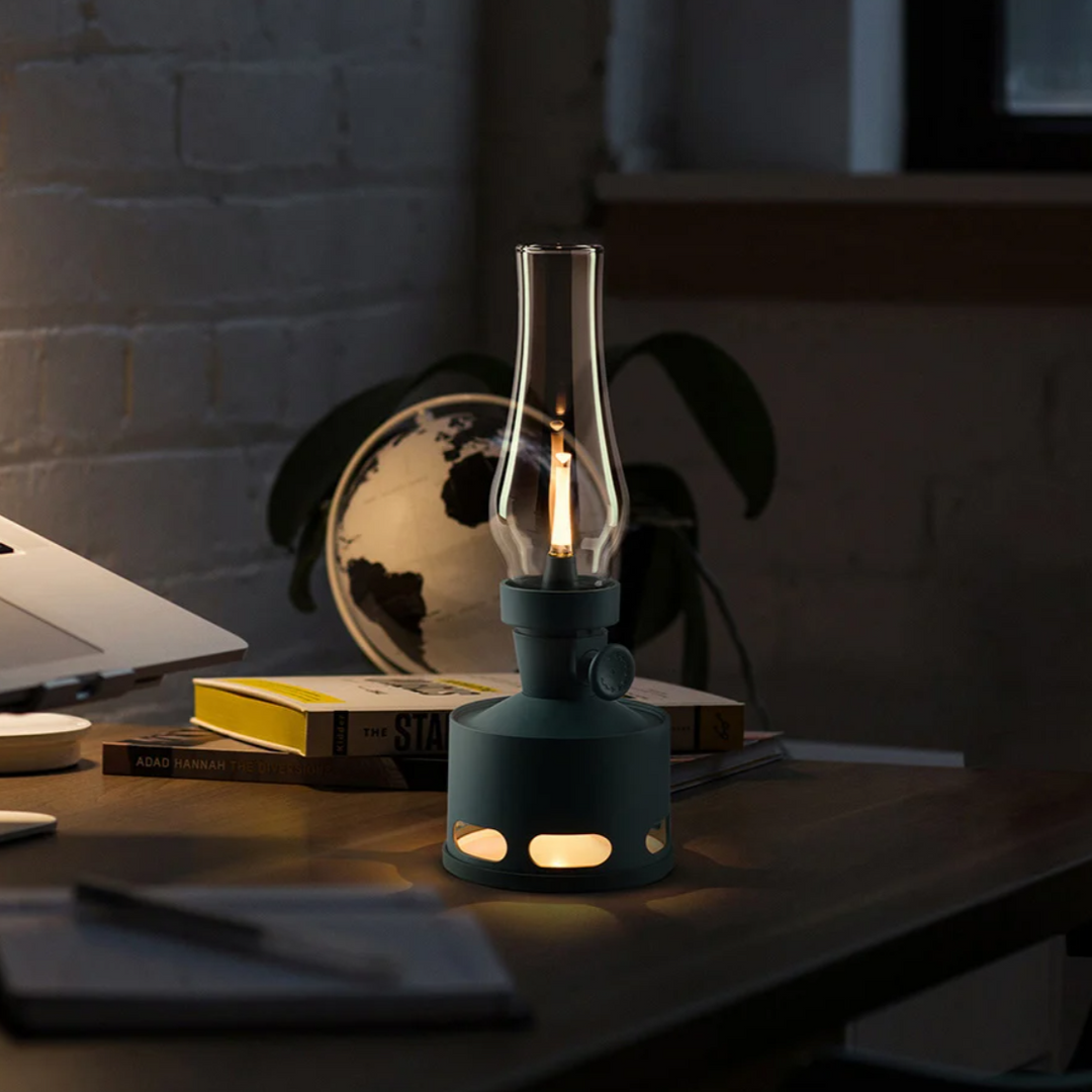 Angled shot of LumaLantern vintage LED lantern, showing its robust build and elegant aesthetic for camping