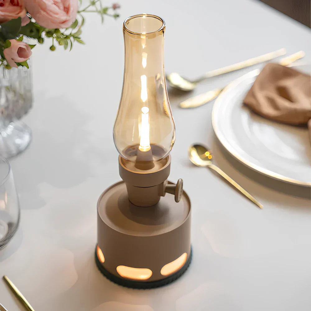Close-up LumaLantern vintage LED lantern showcasing its classic design and soft, dimmable LED light