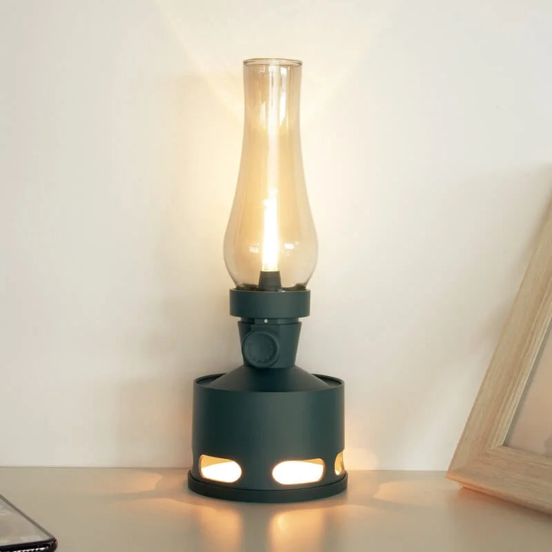 LumaLantern vintage LED lantern in a rustic cabin, adding authentic vintage charm and practical lighting