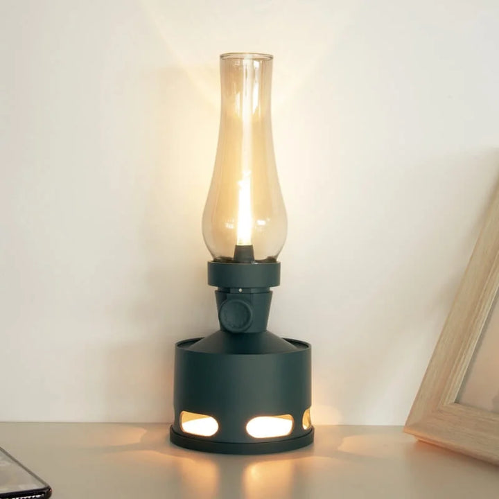 LumaLantern vintage LED lantern in a rustic cabin, adding authentic vintage charm and practical lighting