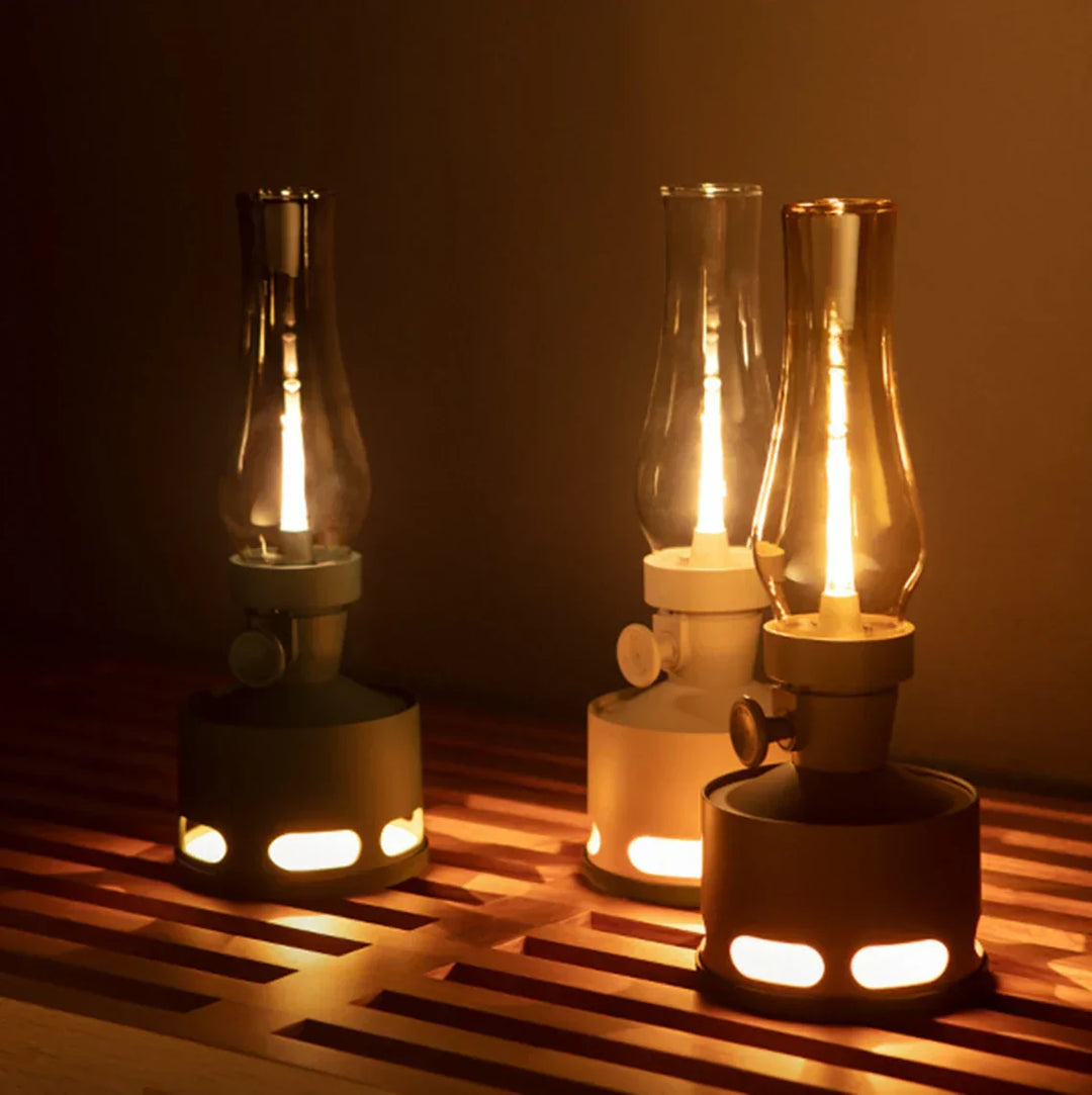 Product shot of the LumaLantern rechargeable vintage LED lantern against a plain background