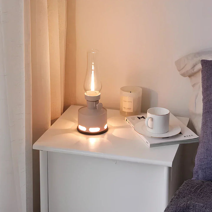 A row of LumaLantern vintage LED lanterns charging, showcasing their modern rechargeable convenience