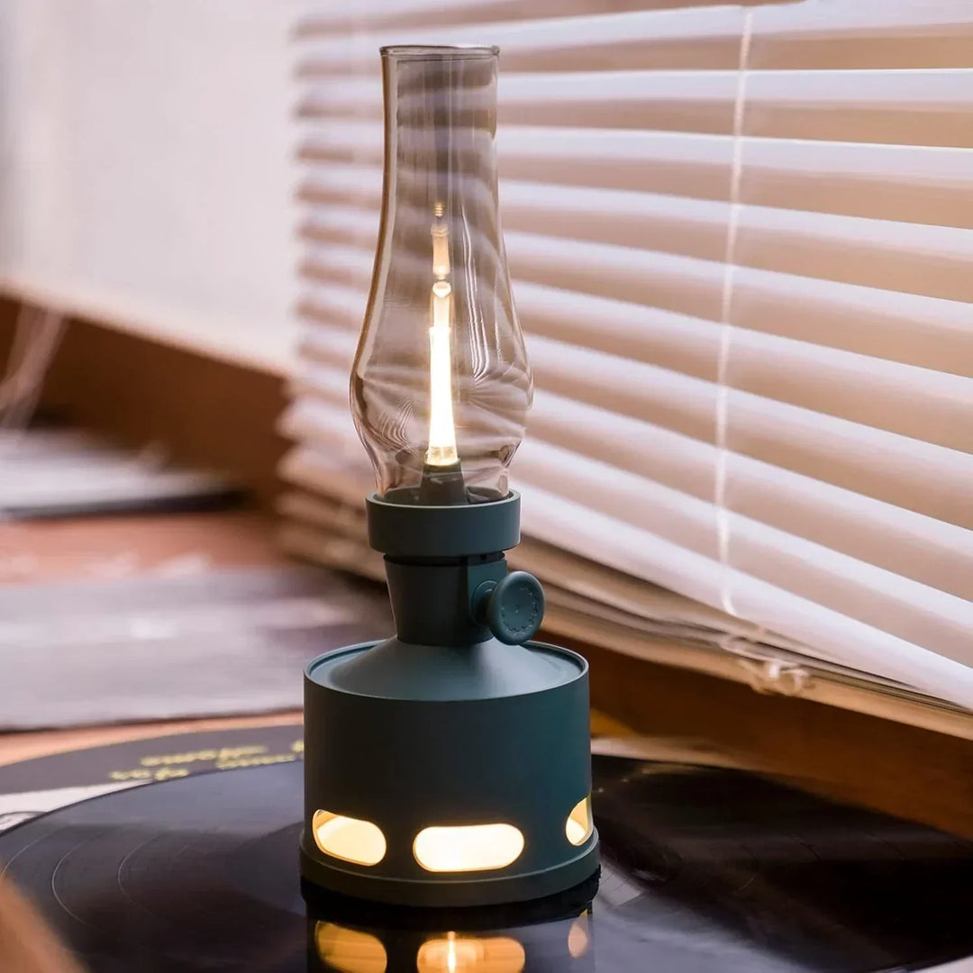LumaLantern vintage LED lantern in a cozy living room setting, adding warm atmospheric lighting