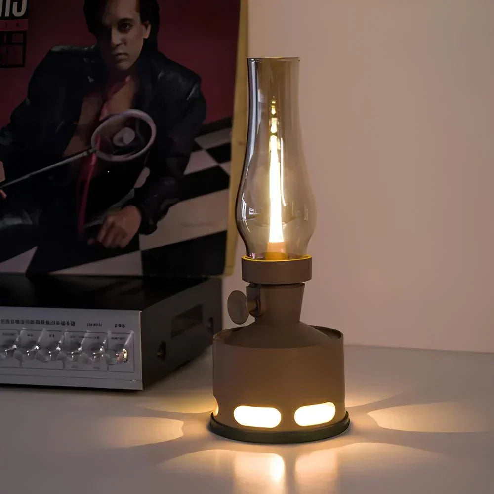 Detail view of LumaLantern's top handle and vintage-style metal, a durable and stylish camping lamp