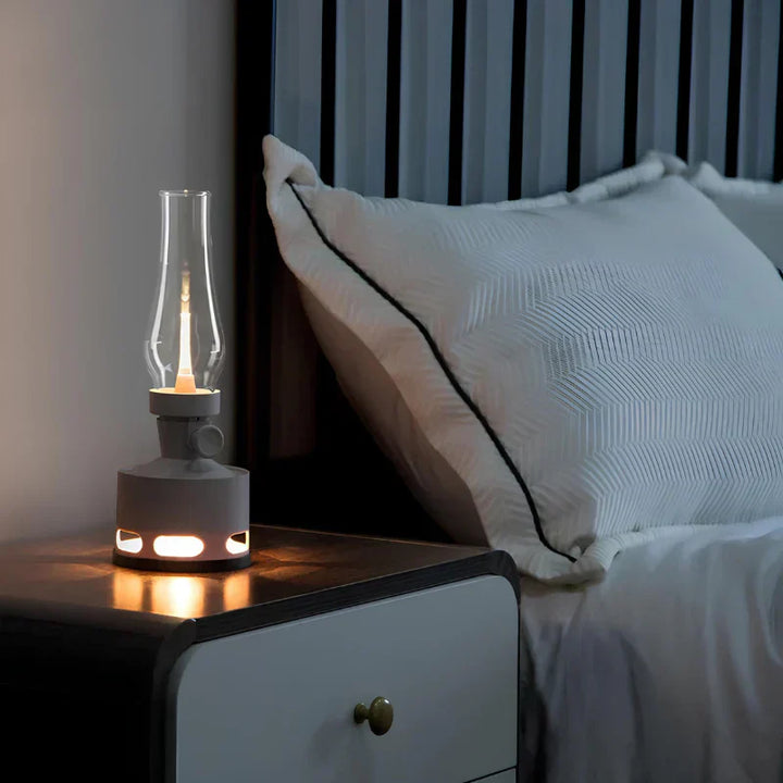 LumaLantern vintage LED lantern illuminating a patio at dusk, creating a charming and inviting atmosphere