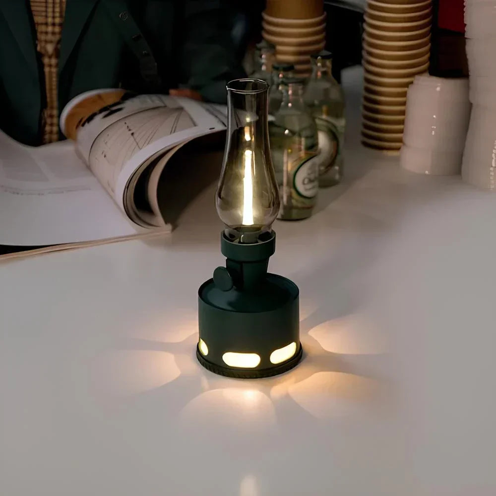 Person adjusting the brightness of a LumaLantern rechargeable vintage LED lantern, smart and easy to use
