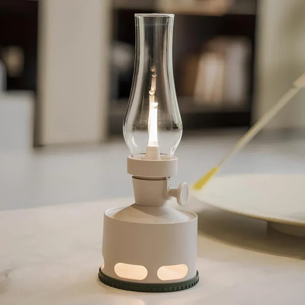 LumaLantern vintage LED lantern on a wooden table, providing warm and functional light for reading