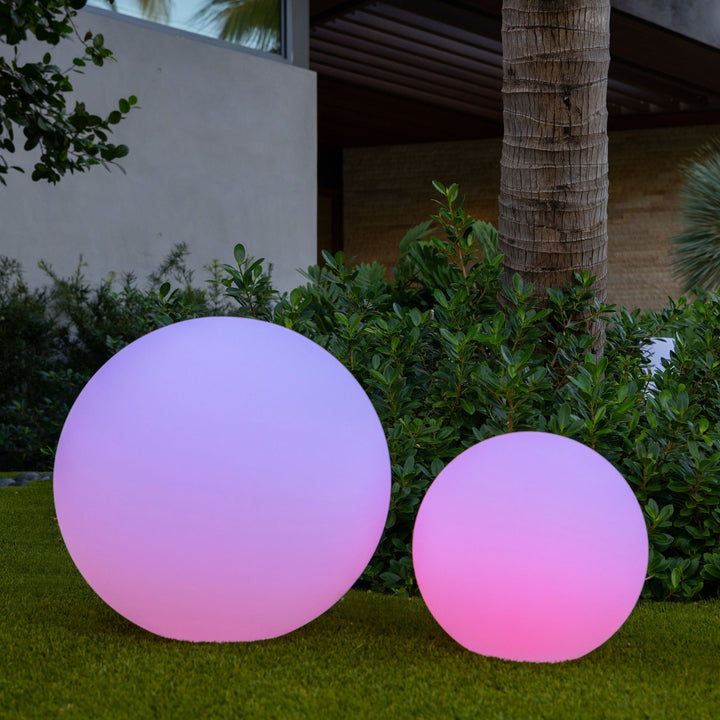 Outdoors LumaSphere mood light at dusk, creating a cozy atmosphere
