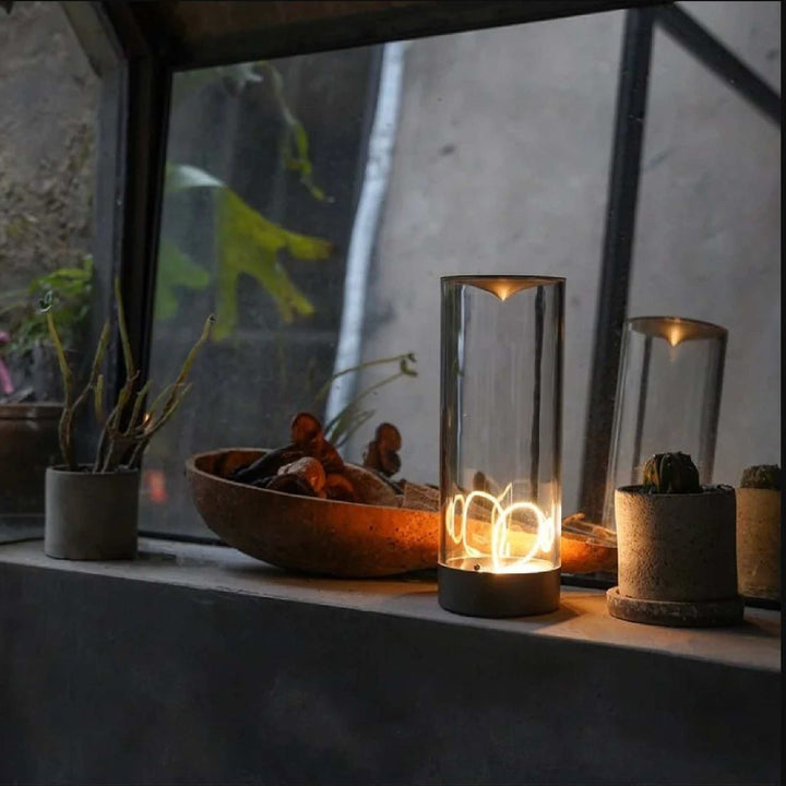 Angled view of the LumenFlow mood lamp, showing the detachable magnetic light strand in action