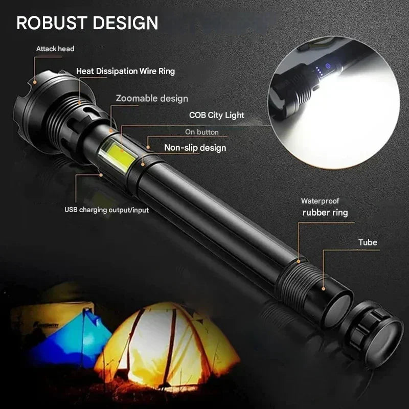 Zoomable tactical LED flashlight, water-resistant design, perfect powerful outdoor gear.