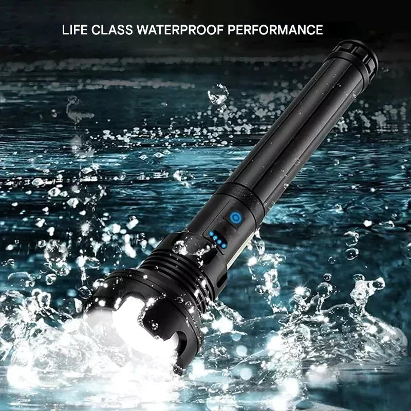 Rechargeable tactical LED flashlight, powerful beam, ideal for hiking, camping, and emergencies.