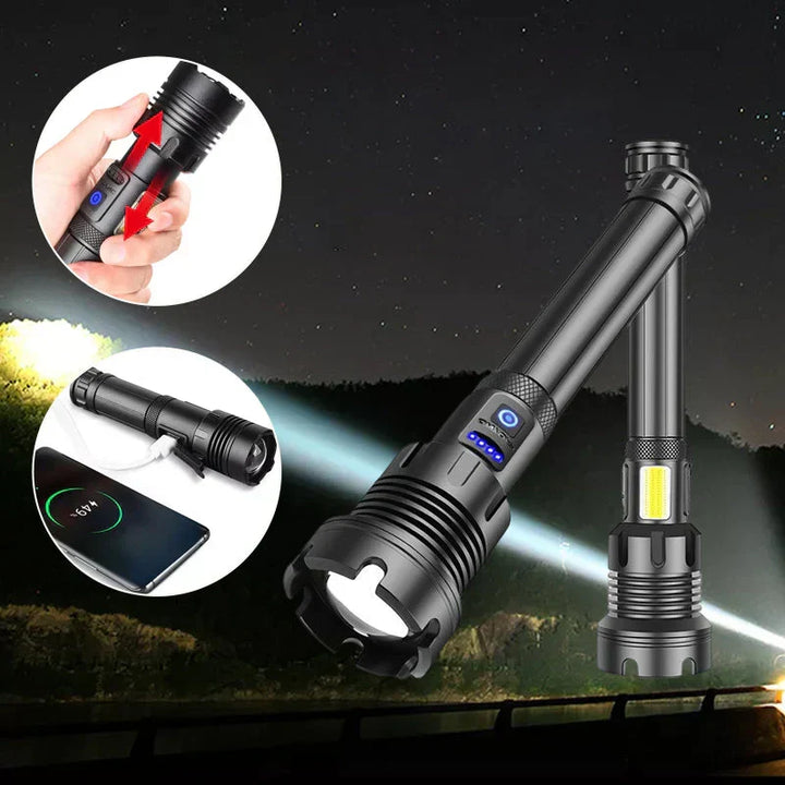 Rechargeable tactical LED torch, high lumen output, perfect for camping, hiking, & survival.