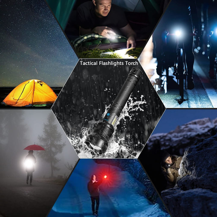 Durable tactical LED flashlight with zoom, essential for night hiking, camping, and emergencies.