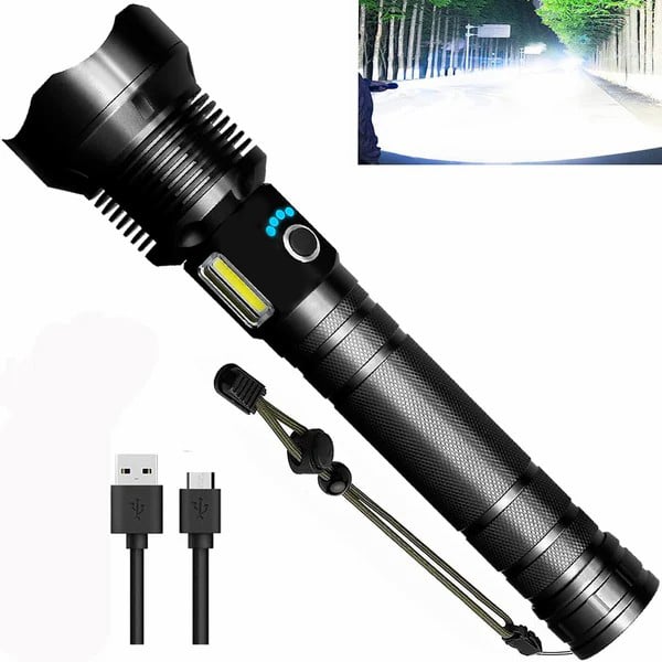 Versatile tactical LED torch for security, camping, and survival, featuring a powerful beam.