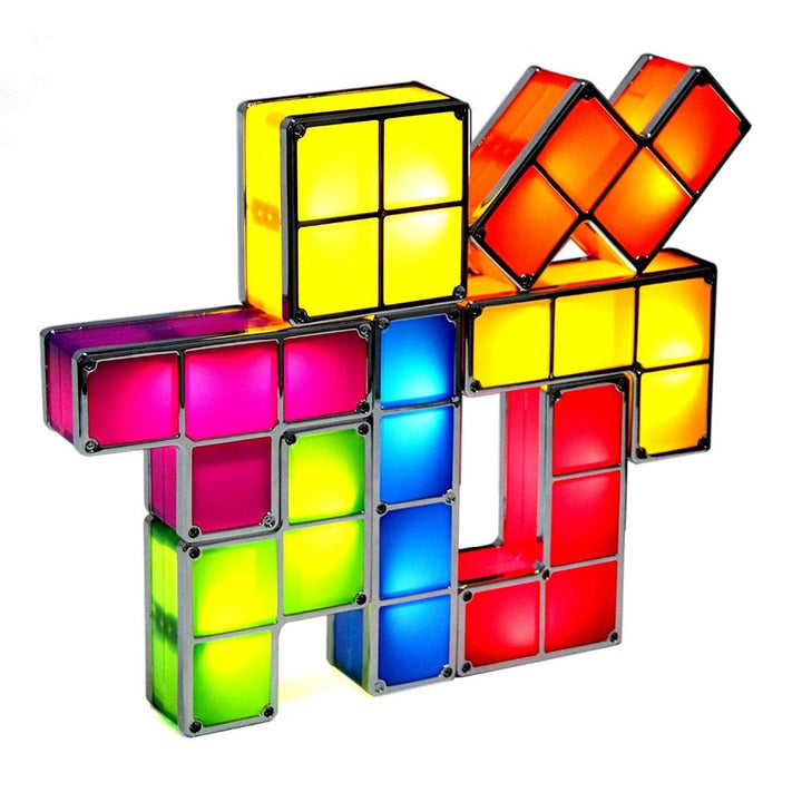 Close-up of a Modular Tetris LED Lamp showing interlocking illuminated blocks, ideal as a novelty night light