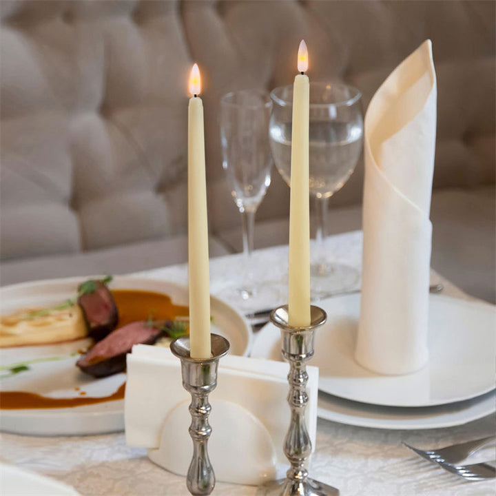 Close-up of LumiCandle LED standing candle, showing realistic warm glow and flameless design