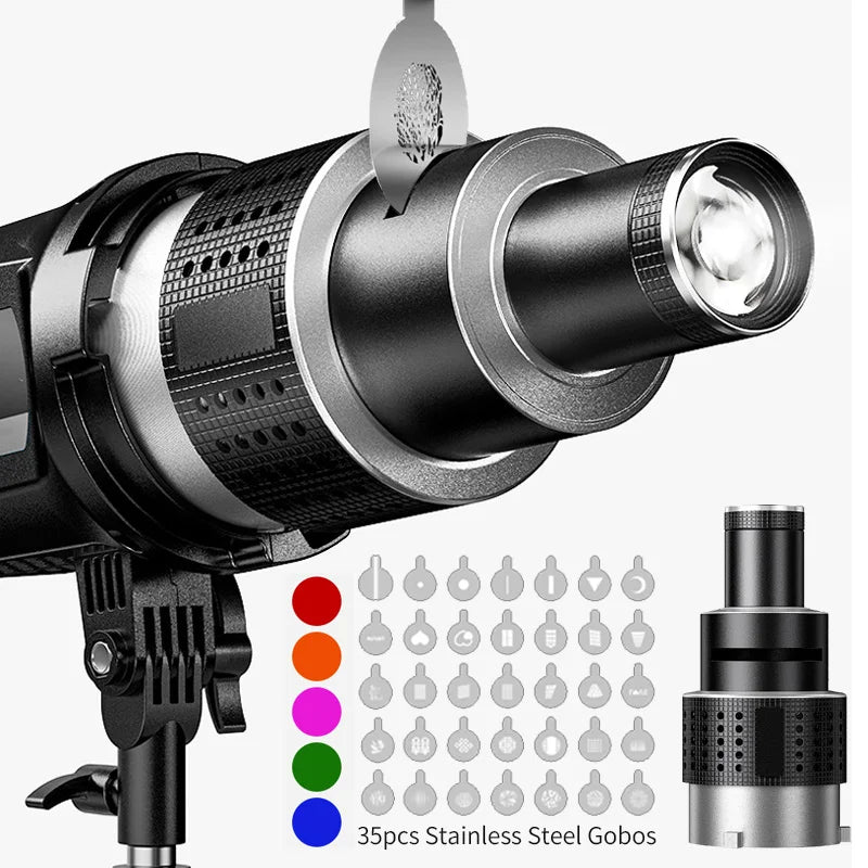 Close-up of conical lens on a Lumina Optical Spotlight Kit, showcasing gobos for advanced studio lighting